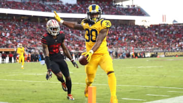 SANTA CLARA, CA - SEPTEMBER 21: Todd Gurley #30 of the Los Angeles Rams rushes for a touchdown against the San Francisco 49ers during their NFL game at Levi's Stadium on September 21, 2017 in Santa Clara, California. (Photo by Ezra Shaw/Getty Images)
