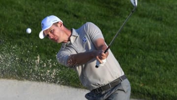 Oct 1, 2016; Chaska, MN, USA; Justin Rose of England plays a shot from a bunker on the 16th hole during the afternoon four-ball matches in the 41st Ryder Cup at Hazeltine National Golf Club. Mandatory Credit: Michael Madrid-USA TODAY Sports