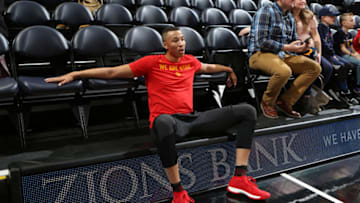SALT LAKE CITY, UT - JANUARY 20: Dante Exum #11 of the Utah Jazz looks on prior to the game against the Golden State Warriors at vivint.SmartHome Arena on January 20, 2018 in Salt Lake City, Utah. Copyright 2018 NBAE (Photo by Melissa Majchrzak/NBAE via Getty Images)