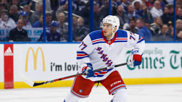 TAMPA, FL - MARCH 8: Tony DeAngelo #77 of the New York Rangers skates against the Tampa Bay Lightning at Amalie Arena on March 8, 2018 in Tampa, Florida. (Photo by Scott Audette/NHLI via Getty Images)"n