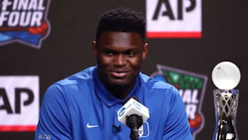 MINNEAPOLIS, MINNESOTA - APRIL 05: Zion Williamson of the Duke Blue Devils speaks during a press conference after being awarded the AP Player of the Year award prior to the 2019 NCAA men's Final Four at U.S. Bank Stadium on April 5, 2019 in Minneapolis, Minnesota. (Photo by Mike Lawrie/Getty Images)