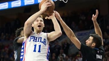 Jan 4, 2016; Philadelphia, PA, USA; Philadelphia 76ers guard Nik Stauskas (11) shoots against Minnesota Timberwolves guard Ricky Rubio (9) during the second half at Wells Fargo Center. The 76ers won 109-99. Mandatory Credit: Bill Streicher-USA TODAY Sports