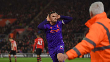 SOUTHAMPTON, ENGLAND - APRIL 05: Jordan Henderson of Liverpool celebrates after scoring his team's third goal during the Premier League match between Southampton FC and Liverpool FC at St Mary's Stadium on April 05, 2019 in Southampton, United Kingdom. (Photo by Mike Hewitt/Getty Images)