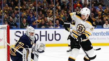 Dec 3, 2016; Buffalo, NY, USA; Buffalo Sabres goalie Robin Lehner (40) makes a save against Boston Bruins left wing Matt Beleskey (39) during the first period at KeyBank Center. Mandatory Credit: Kevin Hoffman-USA TODAY Sports
