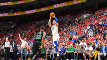 PHILADELPHIA, PA - MAY 7: Ben Simmons #25 of the Philadelphia 76ers shoots the ball against the Boston Celtics during Game Four of the Eastern Conference Semifinals of the 2018 NBA Playoffs on May 5, 2018 at Wells Fargo Center in Philadelphia, Pennsylvania. NOTE TO USER: User expressly acknowledges and agrees that, by downloading and or using this photograph, User is consenting to the terms and conditions of the Getty Images License Agreement. Mandatory Copyright Notice: Copyright 2018 NBAE (Photo by Jesse D. Garrabrant/NBAE via Getty Images)
