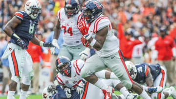 Ole Miss Rebels running back Akeem Judd (21) scores against Auburn at Jordan-Hare Stadium in Auburn, Ala. on Saturday, October 31, 2015.