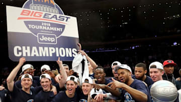 NEW YORK, NY - MARCH 10: The Villanova Wildcats celebrate their overtime win over the Providence Friars during the championship game of the Big East Basketball Tournament at Madison Square Garden on March 10, 2018 in New York City. (Photo by Elsa/Getty Images)