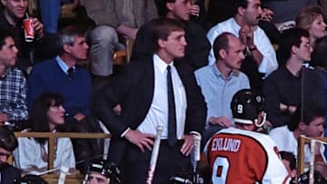 TORONTO, ON - NOVEMBER 4: Paul Holmgren head coach of the Philadelphia Flyers watches the play against the Toronto Maple Leafs during NHL game action November 4, 1989, at Maple Leaf Gardens in Toronto, Ontario, Canada. Philadelphia defeated Toronto 7-4. (Photo by Graig Abel/Getty Images)