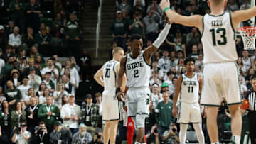 EAST LANSING, MI - MARCH 04: Tyson Walker #2 of the Michigan State Spartans waves to the fans during the second half against the Ohio State Buckeyes at Breslin Center on March 4, 2023 in East Lansing, Michigan. (Photo by Rey Del Rio/Getty Images)