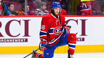 MONTREAL, QC - APRIL 07: Look on Montreal Canadiens Defenceman Brett Lernout (36) stretching at warmup before the Tampa Bay Lightning versus the Montreal Canadiens game on April 7, 2017, at Bell Centre in Montreal, QC (Photo by David Kirouac/Icon Sportswire via Getty Images)