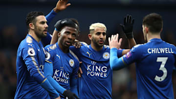 WEST BROMWICH, ENGLAND - MARCH 10: Kelechi Iheanacho of Leicester City celebrates with teammates after scoring his sides third goal during the Premier League match between West Bromwich Albion and Leicester City at The Hawthorns on March 10, 2018 in West Bromwich, England. (Photo by Clive Mason/Getty Images)
