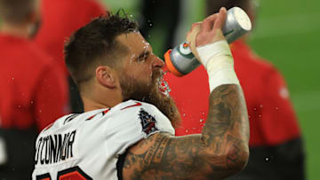 TAMPA, FLORIDA - FEBRUARY 07: Pat O'Connor #79 of the Tampa Bay Buccaneers drinks water on the sideline in the second quarter against the Kansas City Chiefs during Super Bowl LV at Raymond James Stadium on February 07, 2021 in Tampa, Florida. (Photo by Mike Ehrmann/Getty Images)