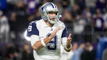 Dec 1, 2016; Minneapolis, MN, USA; Dallas Cowboys quarterback Tony Romo (9) during a game at U.S. Bank Stadium. The Cowboys defeated the Vikings 17-15. Mandatory Credit: Brace Hemmelgarn-USA TODAY Sports