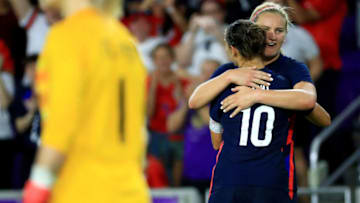 ORLANDO, FLORIDA - MARCH 05: Carli Lloyd #10 of the United States celebrates a goal during a match against England in the SheBelieves Cup at Exploria Stadium on March 05, 2020 in Orlando, Florida. (Photo by Mike Ehrmann/Getty Images)