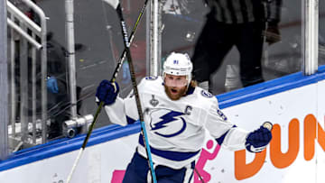 EDMONTON, ALBERTA - SEPTEMBER 23: Steven Stamkos #91 of the Tampa Bay Lightning celebrates after scoring a goal against the Dallas Stars during the first period in Game Three of the 2020 NHL Stanley Cup Final at Rogers Place on September 23, 2020 in Edmonton, Alberta, Canada. (Photo by Bruce Bennett/Getty Images)