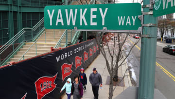 BOSTON, MA - APRIL 26: A street sign for Yawkey Way is pictured outside of Fenway Park in Boston on April 26, 2018. The Boston Public Improvement Commission made a unanimous voice vote to approve the name change of Yawkey Way back to Jersey Street. It was a proposal that had for weeks pitted some of Bostons power brokers against one another in the debate over Tom Yawkeys legacy as Red Sox owner, philanthropist, and, some say, racist who oversaw what was once the most segregated franchise in baseball. (Photo by John Tlumacki/The Boston Globe via Getty Images)