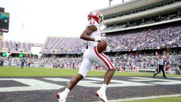 Oct 24, 2020; Fort Worth, Texas, USA; Oklahoma Sooners wide receiver Marvin Mims (17) scores a touchdown during the second half against the TCU Horned Frogs at Amon G. Carter Stadium. Mandatory Credit: Kevin Jairaj-USA TODAY Sports
