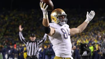 ANN ARBOR, MICHIGAN - OCTOBER 26: Cole Kmet #84 of the Notre Dame Fighting Irish celebrates his second half touchdown against the Michigan Wolverines at Michigan Stadium on October 26, 2019 in Ann Arbor, Michigan. Michigan won the game 45-14. (Photo by Gregory Shamus/Getty Images)