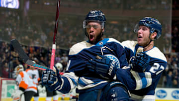 COLUMBUS, OH - OCTOBER 18: Columbus Blue Jackets left wing Anthony Duclair (91) celebrates with Columbus Blue Jackets defenseman Ryan Murray (27) after scoring a goal in the first period of a game between the Columbus Blue Jackets and the Philadelphia Flyers on October 18, 2018 at Nationwide Arena in Columbus, OH. (Photo by Adam Lacy/Icon Sportswire via Getty Images)