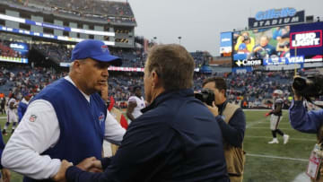 Oct 2, 2016; Foxborough, MA, USA; New England Patriots head coach Bill Belichick and Buffalo Bills head coach Rex Ryan shake hands after the game at Gillette Stadium. The Bills defeated the Patriots 16-0. Mandatory Credit: David Butler II-USA TODAY Sports