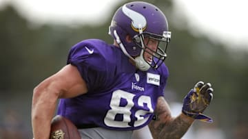 Aug 1, 2016; Mankato, MN, USA; Minnesota Vikings tight end Kyle Rudolph (82) practices in drills during training camp at Minnesota State University. Mandatory Credit: Bruce Kluckhohn-USA TODAY Sports