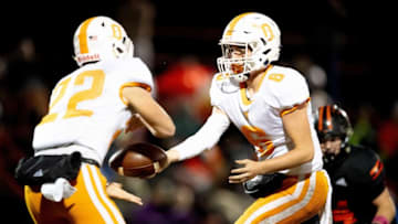 Oneida's Elijah West (6) hands the ball off to Oneida's Kolby Morgan (22) during a game between Coalfield and Oneida at Coalfield High School in Coalfield, Tennessee on Thursday, October 31, 2019.Kns Coalfield Oneida
