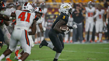 TEMPE, AZ - SEPTEMBER 29: Arizona State Sun Devils running back Eno Benjamin (3) breaks free for a touchdown run during the college football game between the Oregon State Beavers and the Arizona State Sun Devils on September 29, 2018 at Sun Devil Stadium in Tempe, Arizona. (Photo by Kevin Abele/Icon Sportswire via Getty Images)