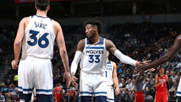 MINNEAPOLIS, MN - NOVEMBER 14: Robert Covington and Dario Saric of the Minnesota Timberwolves.