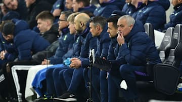 Tottenham Hotspur's Portuguese head coach Jose Mourinho (1st-R) watches his players from the touchline during the English FA Cup fifth round football match between Tottenham Hotspur and Norwich City at Tottenham Hotspur Stadium in London, on Match 4, 2020. (Photo by Glyn KIRK / AFP) / RESTRICTED TO EDITORIAL USE. No use with unauthorized audio, video, data, fixture lists, club/league logos or 'live' services. Online in-match use limited to 120 images. An additional 40 images may be used in extra time. No video emulation. Social media in-match use limited to 120 images. An additional 40 images may be used in extra time. No use in betting publications, games or single club/league/player publications. / (Photo by GLYN KIRK/AFP via Getty Images)