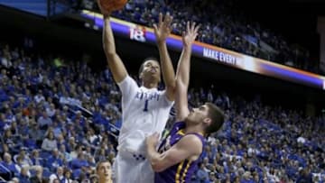 Nov 13, 2015; Lexington, KY, USA; Kentucky Wildcats forward Skal Labissiere (1) shoots the ball against Albany Great Danes forward Mike Rowley (10) in the second half of the game at Rupp Arena. Mandatory Credit: Mark Zerof-USA TODAY Sports