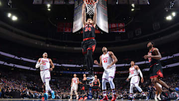 PHILADELPHIA, PA - JANUARY 17: Lauri Markkanen #24 of the Chicago Bulls dunks the ball against the Philadelphia 76ers on January 17, 2020 at the Wells Fargo Center in Philadelphia, Pennsylvania NOTE TO USER: User expressly acknowledges and agrees that, by downloading and/or using this Photograph, user is consenting to the terms and conditions of the Getty Images License Agreement. Mandatory Copyright Notice: Copyright 2020 NBAE (Photo by Jesse D. Garrabrant/NBAE via Getty Images)