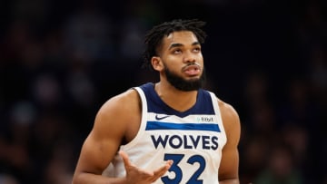 MINNEAPOLIS, MINNESOTA - NOVEMBER 20: Karl-Anthony Towns #32 of the Minnesota Timberwolves looks on during the game against the Utah Jazz at Target Center on November 20, 2019 in Minneapolis, Minnesota. NOTE TO USER: User expressly acknowledges and agrees that, by downloading and or using this Photograph, user is consenting to the terms and conditions of the Getty Images License Agreement (Photo by Hannah Foslien/Getty Images)
