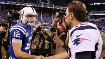 Nov 16, 2014; Indianapolis, IN, USA; Indianapolis Colts quarterback Andrew Luck (12) shakes hands after the game with New England Patriots quarterback Tom Brady (12) at Lucas Oil Stadium. New England defeated Indianapolis 42-20. Mandatory Credit: Brian Spurlock-USA TODAY Sports