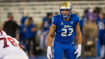 Nov 14, 2020; Tulsa, Oklahoma, USA; Tulsa Golden Hurricane linebacker Zaven Collins (23) gets ready for a play during the game against the Southern Methodist Mustangs at Skelly Field at H.A. Chapman Stadium. Tulsa won 28-24. Mandatory Credit: Brett Rojo-USA TODAY Sports
