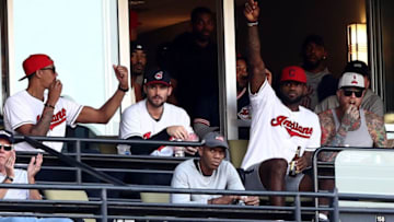 CLEVELAND, OH - OCTOBER 15: (L-R) National Basketball Association Cleveland Cavaliers players Channing Frye, Kevin Love, LeBron James and Chris Andersen attend game two of the American League Championship Series between the Toronto Blue Jays and the Cleveland Indians at Progressive Field on October 15, 2016 in Cleveland, Ohio. (Photo by Elsa/Getty Images)