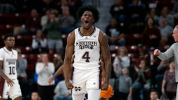 Jan 28, 2023; Starkville, Mississippi, USA; Mississippi State Bulldogs guard/forward Cameron Matthews (4) reacts after a block during the second half against the TCU Horned Frogs at Humphrey Coliseum. Mandatory Credit: Petre Thomas-USA TODAY Sports