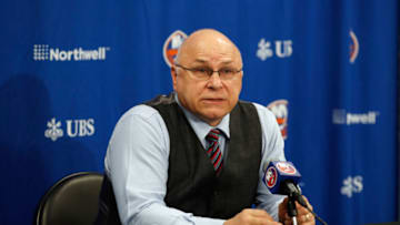 Head coach Barry Trotz of the New York Islanders speaks with the media prior to the game against the Vancouver Canucks at the UBS Arena on March 03, 2022 in Elmont, New York. (Photo by Bruce Bennett/Getty Images)