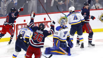 Jan 30, 2023; Winnipeg, Manitoba, CAN; Winnipeg Jets players celebrate the third period goal by Winnipeg Jets defenseman Josh Morrissey (44) (not shown) against the St. Louis Blues at Canada Life Centre. Mandatory Credit: James Carey Lauder-USA TODAY Sports