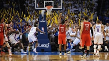 Apr 24, 2013; Oklahoma City, OK, USA; Houston Rockets guard James Harden attempts a free throw against the Oklahoma City Thunder late in the second half during game two of the first round of the 2013 NBA Playoffs at Chesapeake Energy Arena. Mandatory Credit: Mark D. Smith-USA TODAY Sports