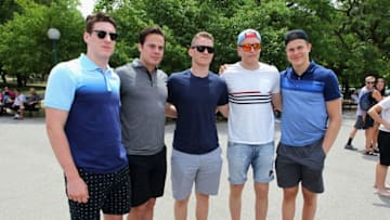 NIAGARA FALLS, NY - JUNE 23: (L-R) NHL top draft prospects Pierre-Luc Dubois, Auston Matthews, Matthew Tkachuk, Patrik Laine and Jesse Puljujarvi pose together before riding the Maid of the Mist on June 23, 2016 in Niagara Falls, New York. (Photo by Bill Wippert/NHLI via Getty Images)