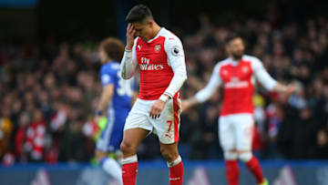 LONDON, ENGLAND - FEBRUARY 04: A dejected looking Alexis Sanchez of Arsenal during the Premier League match between Chelsea and Arsenal at Stamford Bridge on February 4, 2017 in London, England. (Photo by Catherine Ivill - AMA/Getty Images)