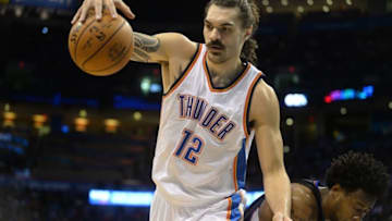Mar 9, 2016; Oklahoma City, OK, USA; Oklahoma City Thunder center Steven Adams (12) grabs a rebound in front of Los Angeles Clippers center DeAndre Jordan (6) during the fourth quarter at Chesapeake Energy Arena. Mandatory Credit: Mark D. Smith-USA TODAY Sports