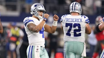 Dec 18, 2016; Arlington, TX, USA; Dallas Cowboys quarterback Dak Prescott (4) celebrates after the game against the Tampa Bay Buccaneers at AT&T Stadium. Mandatory Credit: Matthew Emmons-USA TODAY Sports