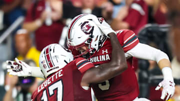 South Carolina football receivers Luke Doty and Xavier Legette after Doty scored a touchdown against Furman. Mandatory Credit: Jeff Blake-USA TODAY Sports