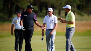 SOUTHPORT, ENGLAND - JULY 18: Phil Mickelson (L) chats with Justin Thomas (C) and Jordan Spieth (R), all from the United States during a practice round prior to the 146th Open Championship at Royal Birkdale on July 18, 2017 in Southport, England. (Photo by Gregory Shamus/Getty Images)