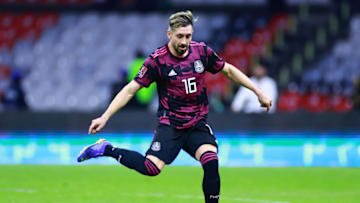 Hector Herrera drives the ball during the match between Mexico and Costa Rica as part of the Concacaf 2022 FIFA World Cup Qualifier at Azteca Stadium on January 30, 2022 in Mexico City, Mexico. (Photo by Hector Vivas/Getty Images)