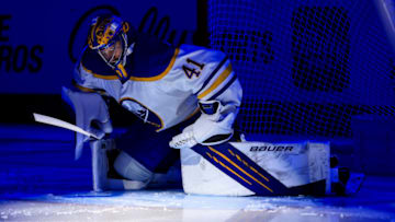 Feb 20, 2022; Columbus, Ohio, USA; Buffalo Sabres goaltender Craig Anderson (41) stretches prior to the game against the Columbus Blue Jackets at Nationwide Arena. Mandatory Credit: Aaron Doster-USA TODAY Sports