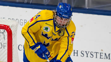 PLYMOUTH, MI - FEBRUARY 15: Albin Grewe #24 of the Sweden Nationals skates around the net with the puck against the Finland Nationals during the 2018 Under-18 Five Nations Tournament game at USA Hockey Arena on February 15, 2018 in Plymouth, Michigan. Finland defeated Sweden 5-3. (Photo by Dave Reginek/Getty Images)*** Local Caption *** Albin Grewe