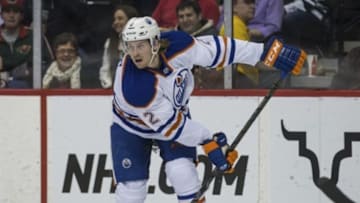 Feb 24, 2015; Saint Paul, MN, USA; Edmonton Oilers defenseman Jeff Petry (2) looks to pass during the second period against the Minnesota Wild at Xcel Energy Center. Mandatory Credit: Brace Hemmelgarn-USA TODAY Sports