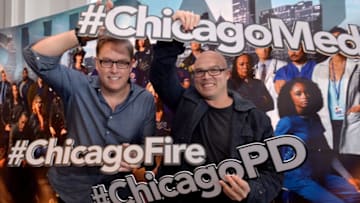 CHICAGO, IL - NOVEMBER 09: Executive Producers Michael Brandt and Derek Haas, holding hashtags, attend a press junket for NBC's 'Chicago Fire', 'Chicago P.D.' and 'Chicago Med' at Cinespace Chicago Film Studios on November 9, 2015 in Chicago, Illinois. (Photo by Daniel Boczarski/Getty Images)